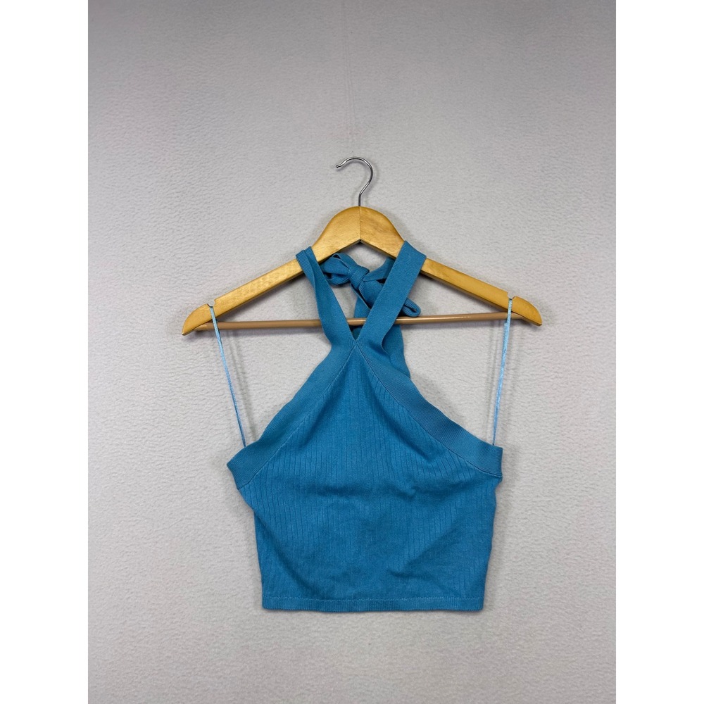 Y2K Streetwear Society Womens Medium Blue Ribbed Knit Halter Crop Top